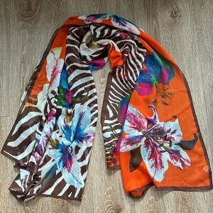 Larioseta Italy tropical orange floral & zebra print scarf/wrap